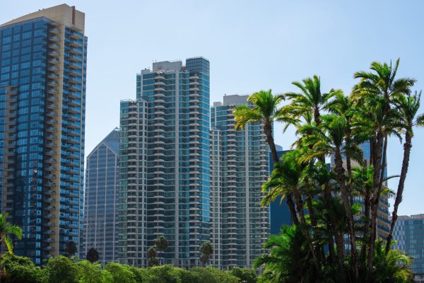 High apartment buildings with modern design, greenery on the foreground, sunny day in San Diego, USA